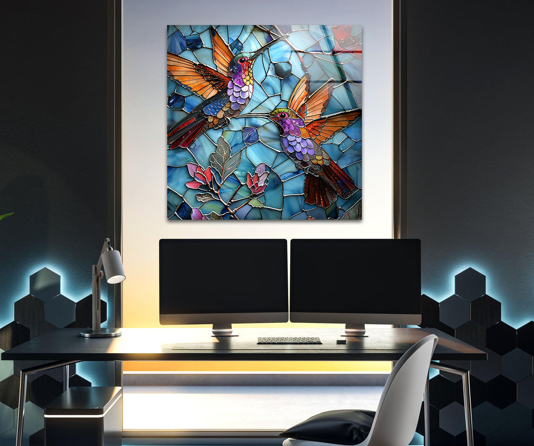 Purple and Pink Birds Glass Wall Art picture on glass wall art, photos printed on glass
