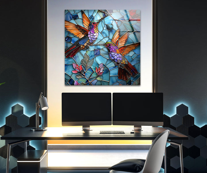 Purple and Pink Birds Glass Wall Art picture on glass wall art, photos printed on glass
