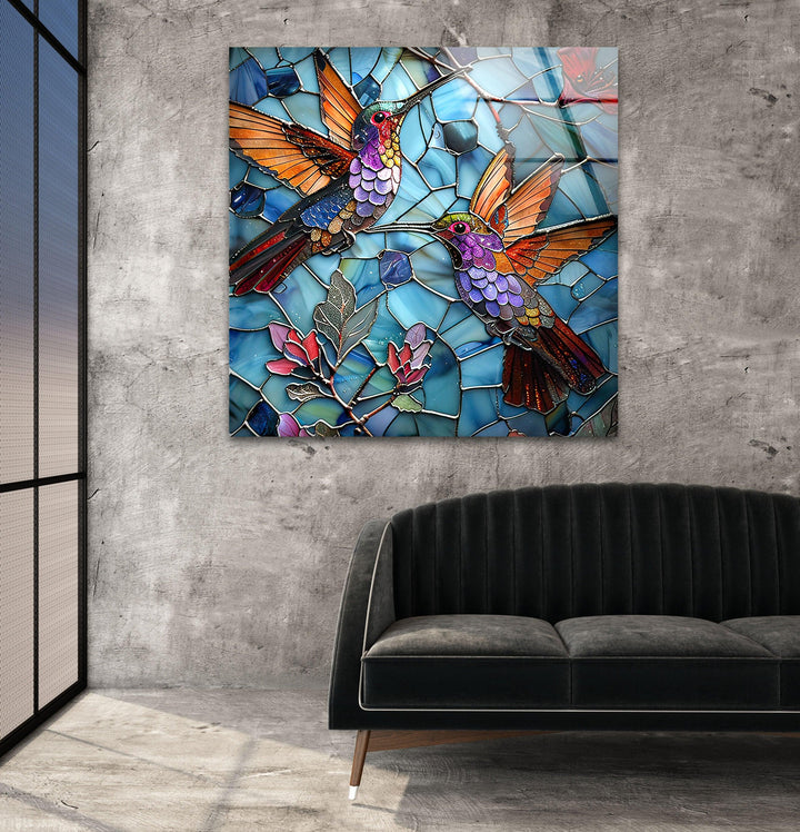 Purple and Pink Birds Glass Wall Art large glass photo prints, glass wall photos

