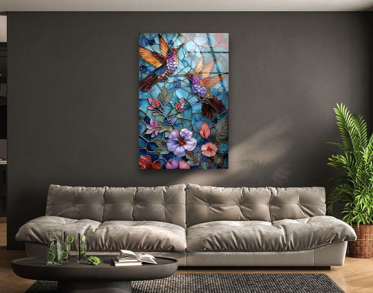 Purple and Pink Birds glass wall art features a vibrant nature scene and bird theme and is a stunning stained glass artwork for colorful wall decor