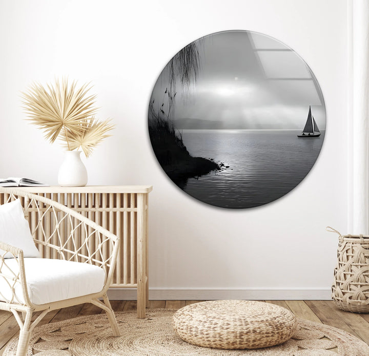 Elegant black and white sailboat artwork printed on tempered glass with misty ambience.