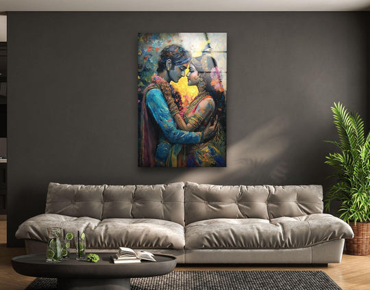 RadhaKrishna God religion glass wall art shows colorful Hindu deities in a loving embrace plus RadhaKrishna wall art divine love decor