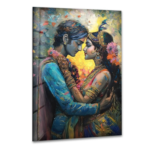 Religion glass wall art of Radha and Krishna God artwork and divine love decor on tempered glass