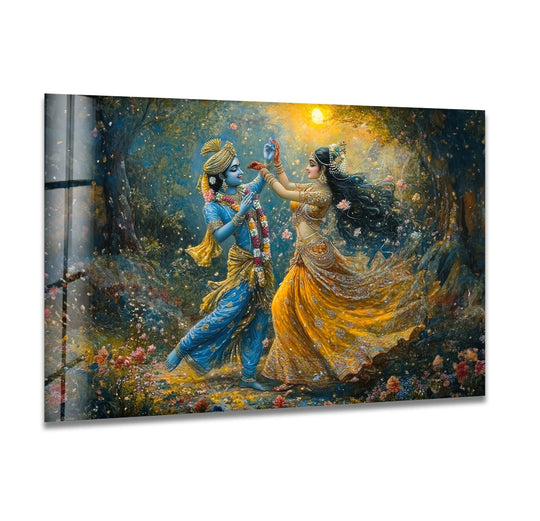 RadhaKrishna religious glass wall art with vivid colors and divine subject matter plus spiritual beauty and religious artwork for home decoration