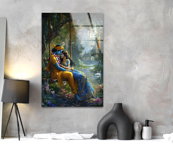 God Radha Krishna Glass Wall Art print on glass, glass printed photos

