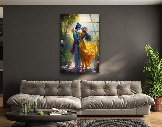 Religion glass wall art of Radha and Krishna embracing with divine love painting and UV printing and devotion for sacred space