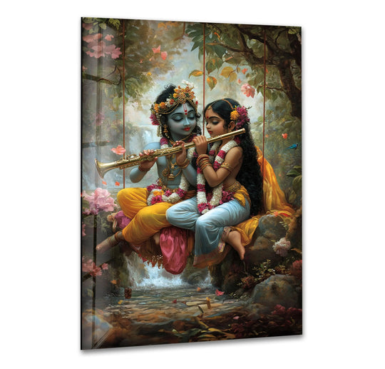 Religion Radha Krsihna Glass Wall Art shows two figures playing instruments and Radha Krishna glass wall art is religious artwork with divine love