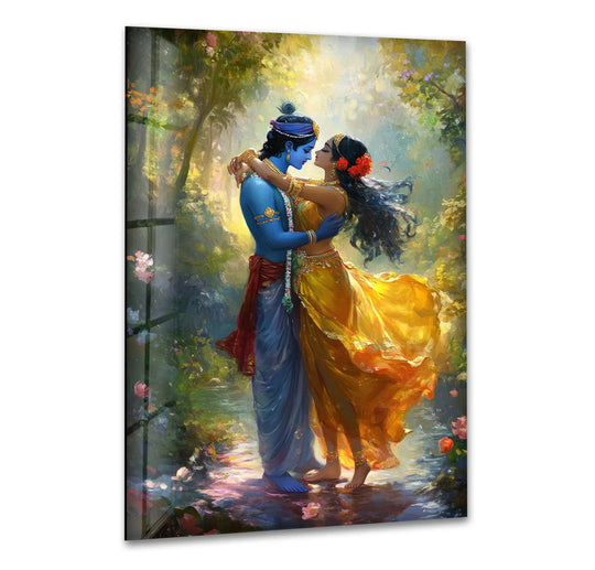 Religion Radha Krsihna God glass wall art depicts a religious painting and divine love made with 8K UV printing technique to celebrate devotion