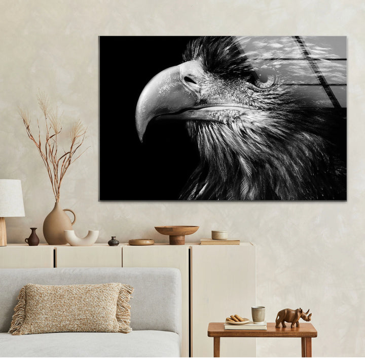 Monochrome eagle close-up with rich feather texture displayed on modern glass décor.