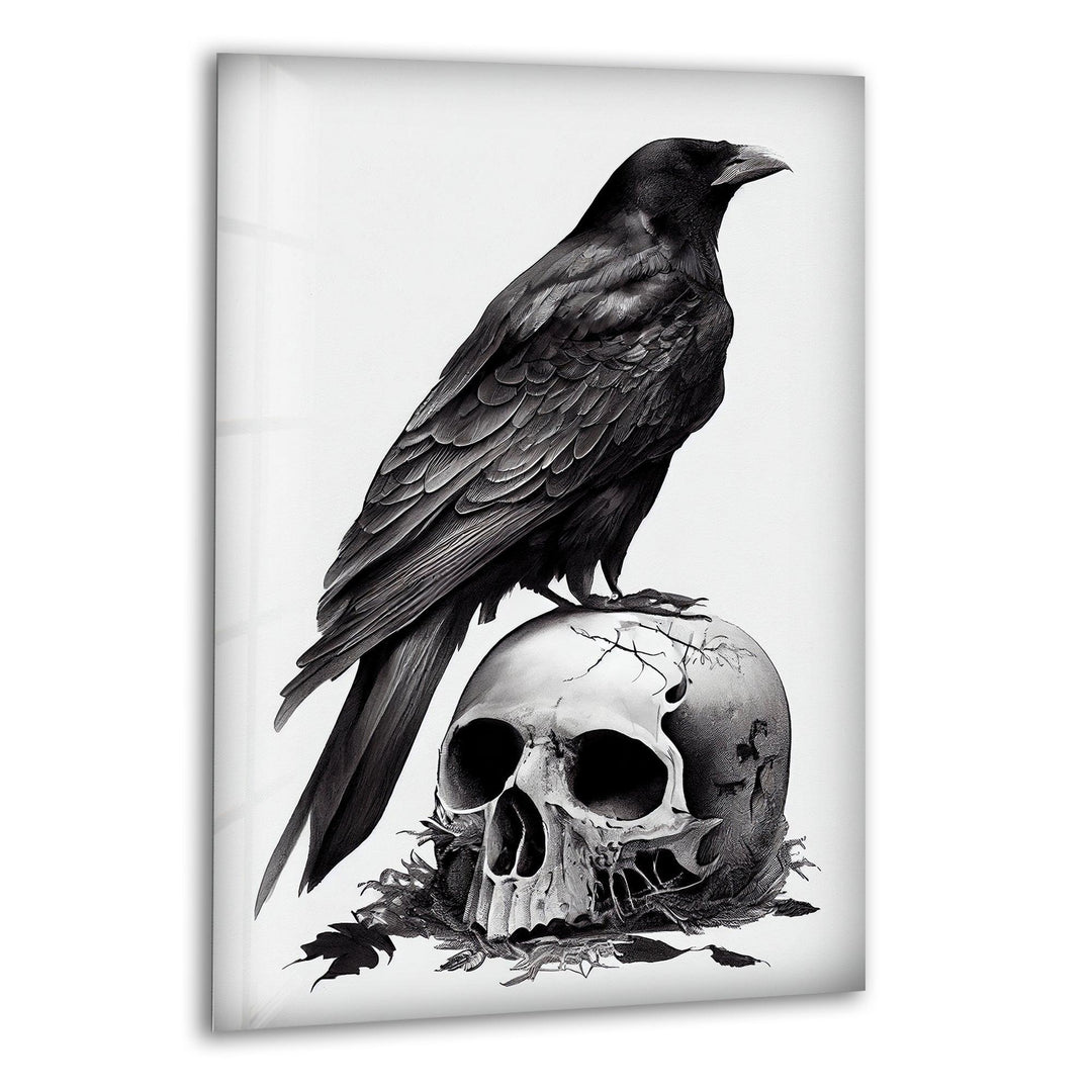 Black and white glass wall art featuring a detailed raven perched on a cracked skull with dark atmospheric shading.