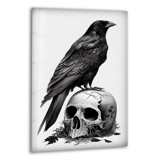 Black and white glass wall art featuring a detailed raven perched on a cracked skull with dark atmospheric shading.