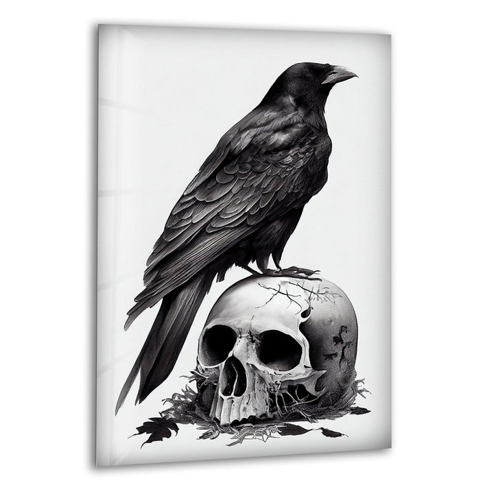 Black and white glass wall art featuring a detailed raven perched on a cracked skull with dark atmospheric shading.