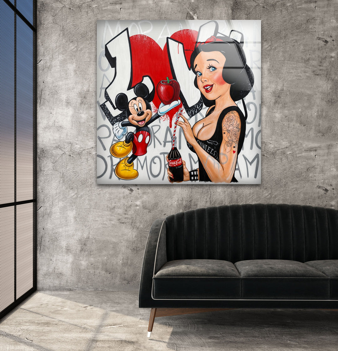 Red Apple & Mickey Mouse Glass Wall Art Glass Printing Wall Art, Print photos on glass
