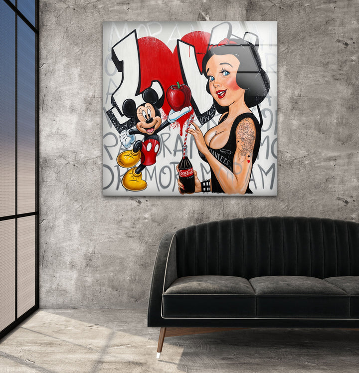 Red Apple & Mickey Mouse Glass Wall Art Glass Printing Wall Art, Print photos on glass
