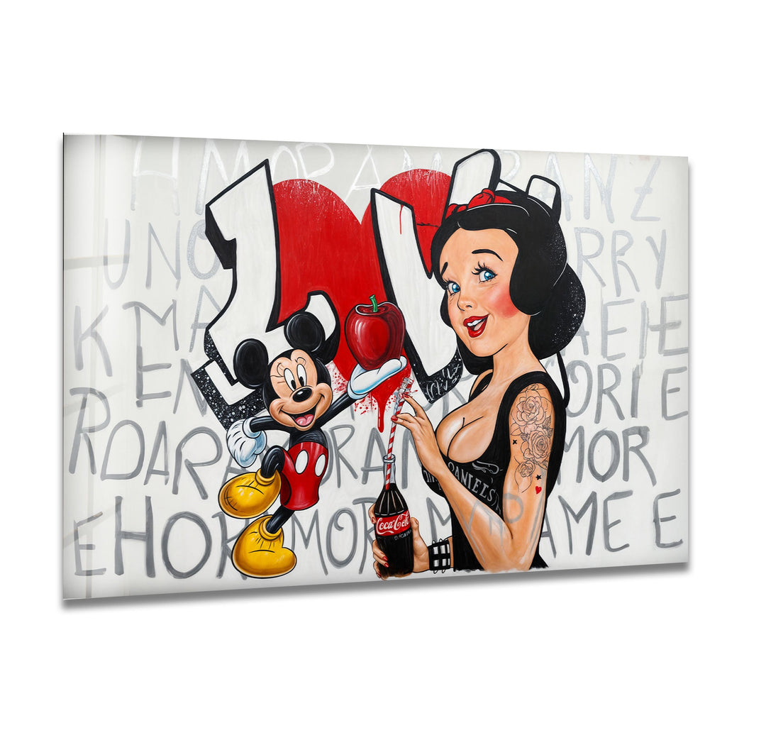 Red Apple & Mickey Mouse Glass Wall Art glass art painting, glass art for the Wall
