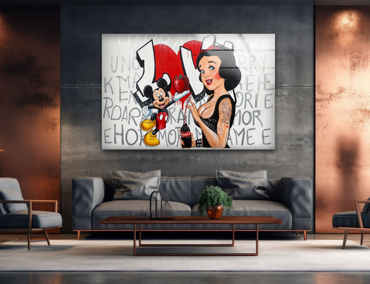 Red Apple & Mickey Mouse Glass Wall Art custom glass pictures, glass art prints
