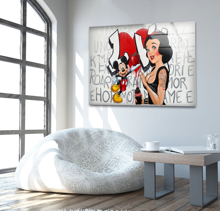 Red Apple & Mickey Mouse Glass Wall Art custom glass photo prints, large glass prints
