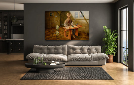 A surreal surrealist glass art painting by Remedios Varo features layered figures, mechanical elements, and dramatic light.