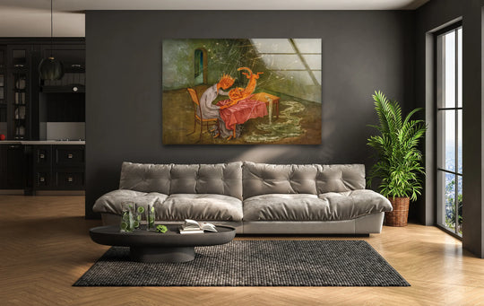 This captivating glass wall artwork by Remedios Varo presents a surreal scene with distinct layers of depth, featuring figures and elements creating a sense of dimension.