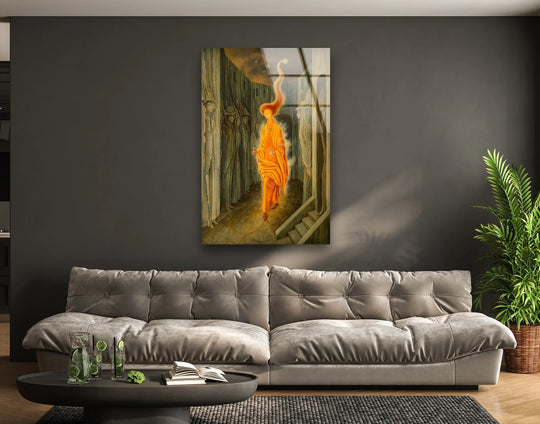 Glass wall art featuring the surreal scene of The Call with a shimmering glow on a smooth finish.