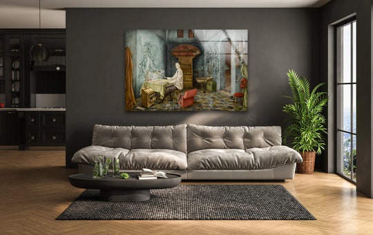 A surreal scene unfolds in this art from glass, featuring a solitary figure at a desk amidst an abstract, dreamlike interior.