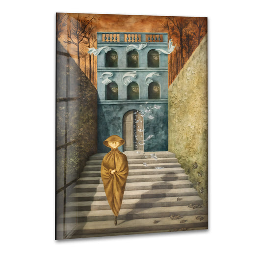 Glass wall art showcasing stark contrasts between the golden-robed figure and slate-blue architecture with white drapery.