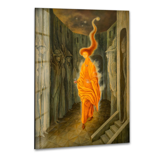 Glass wall art of a vertical surreal painting with a woman and surreal figures in a hallway