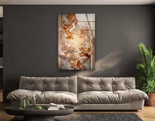 A vibrant glass wall art piece showcases intensely saturated colors of cherubs and clouds, embodying divine home decoration.