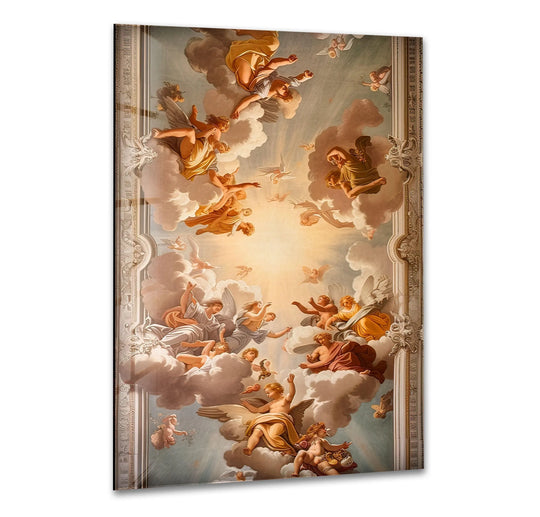 Premium glass printing captures the rich textures and subtle details of this Renaissance quadratura artwork.