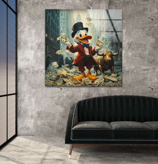 Sunlight casts dramatic light and shadow patterns across this rich duck glass art painting, highlighting the wall art's glossy finish.