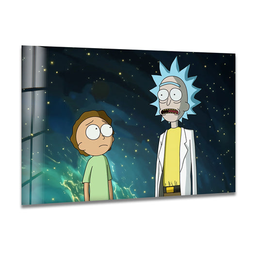 With a high-gloss finish, this 'Cosmic Duo Adventure' cartoon glass wall art offers unique modern wall decor to enhance your home or office.
