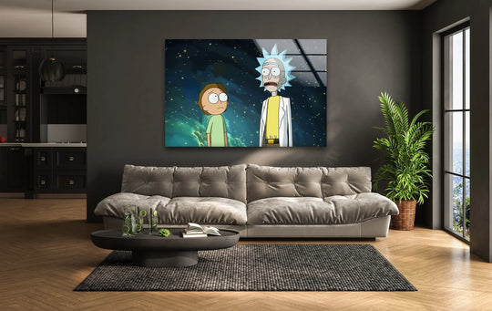 Featuring strong color contrast, the 'Cosmic Duo Adventure' best glass art emphasizes the humorous cartoon against the dark wall in this stylish living room setting.