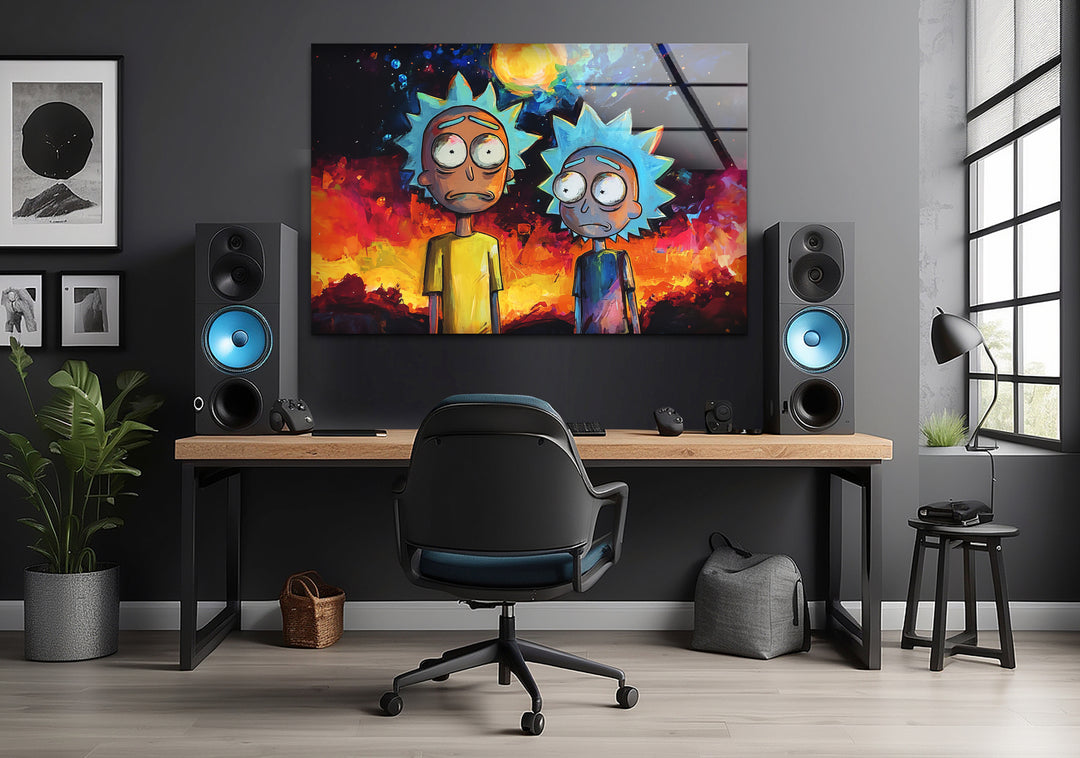 Rick and Morty on Galaxy Glass Wall Art custom glass pictures, glass art prints
