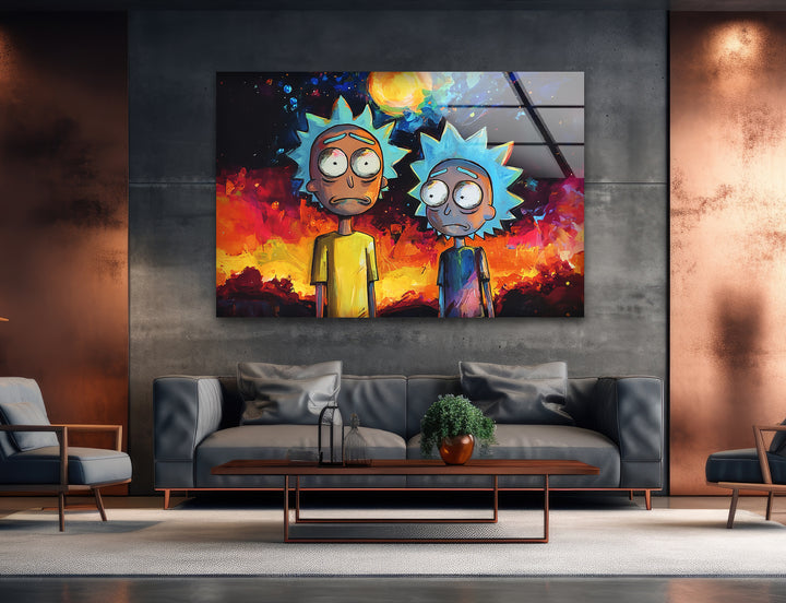Rick and Morty on Galaxy Glass Wall Art glass image printing, glass prints from photos

