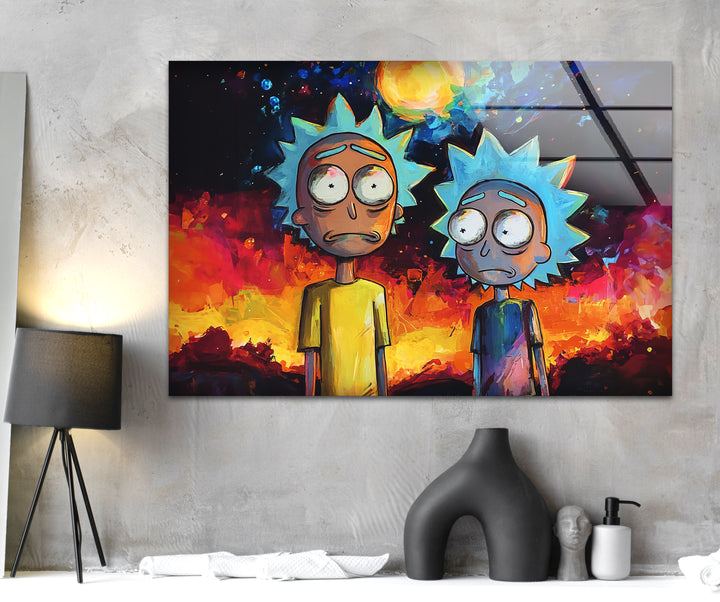 Rick and Morty on Galaxy Glass Wall Art glass pictures for Wall, glass prints wall art
