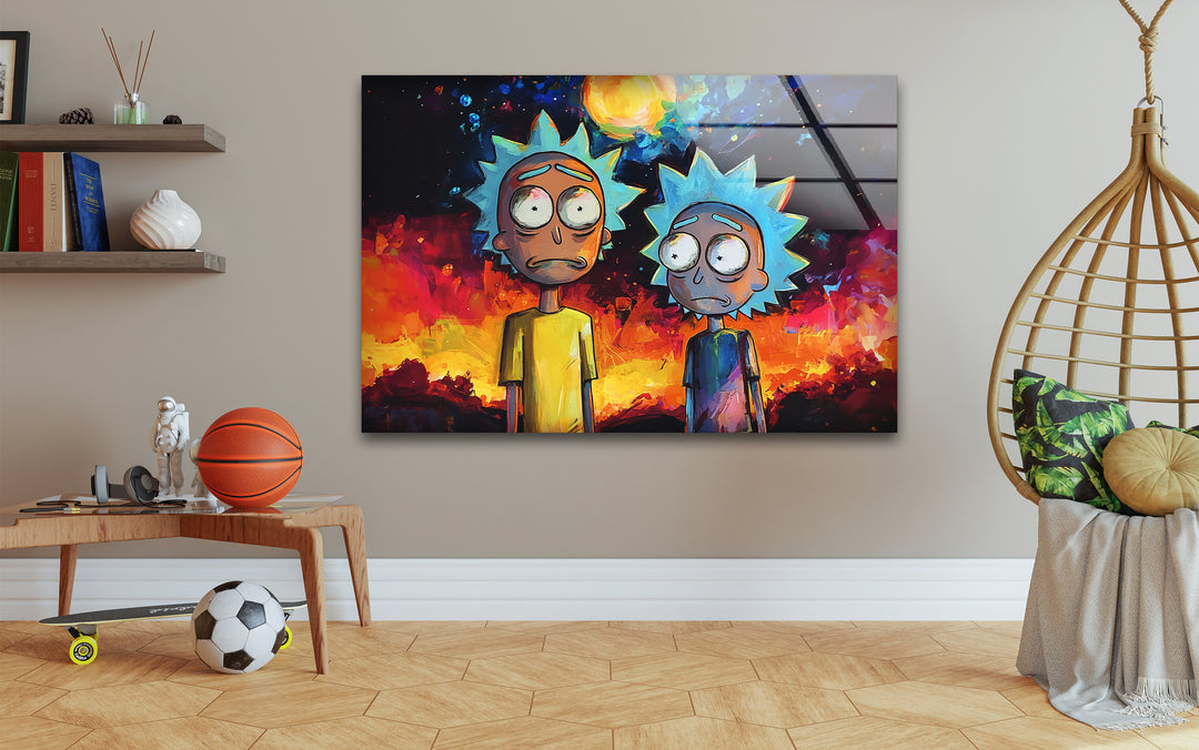 Rick and Morty on Galaxy Glass Wall Art photo print on glass, prints on glass wall art
