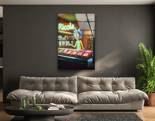 The stillness of the room is punctuated by a quirky scientist at a candy shop, a moment captured in modern glass wall art prints.