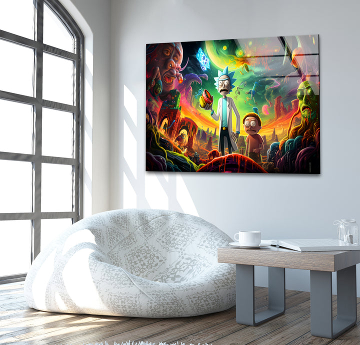 Rick and Morty in Another Universe Glass Wall Art print picture on glass, Tempered Glass Wall Art
