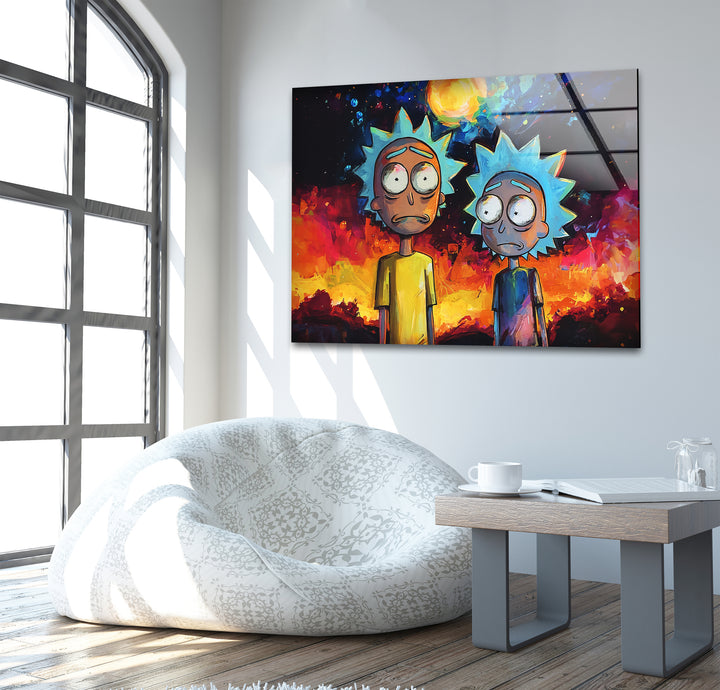 Rick and Morty on Galaxy Glass Wall Art glass art painting, glass art for the Wall
