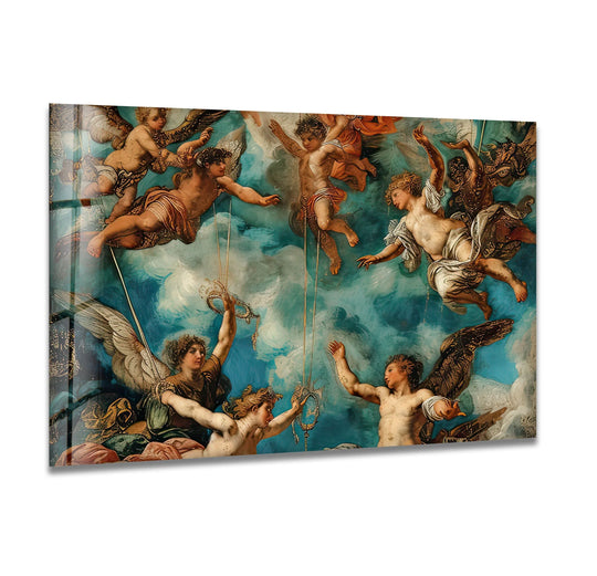 Celestial figures in rococo painting glass printing transition through azure skies and ethereal clouds.