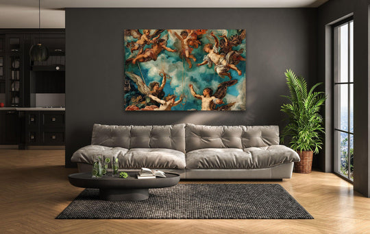 Vibrant classical angels pop against the striking color contrast of the blue sky in this unique modern wall decor glass art.