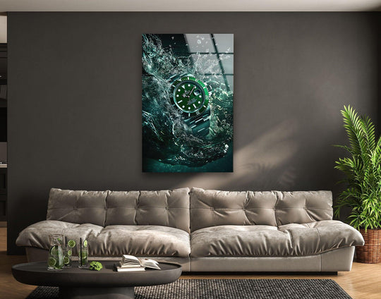 A striking Rolex Submariner green dial watch emerges from textured, splashing water, displayed on cool hanging wall art.