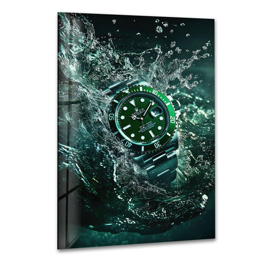 A Rolex watch emerges through turbulent, layered aquatic depths, creating a dynamic glass wall art of depth and motion.