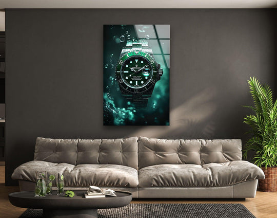 A detailed Rolex watch is depicted with subtle layers of depth and shimmering water effects, presented as art from glass.