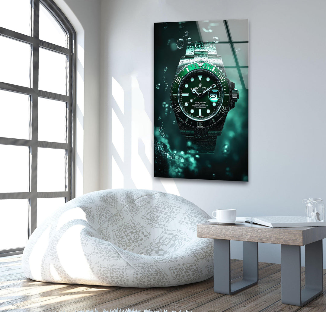 Rolex Green Watch Glass Wall Art picture on glass wall art, photos printed on glass
