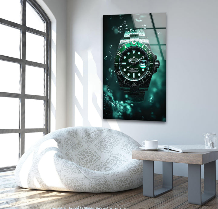 Rolex Green Watch Glass Wall Art picture on glass wall art, photos printed on glass

