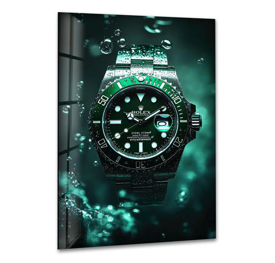 A luxurious green Rolex watch is framed by ample negative space, creating an art from glass with a dramatic underwater effect.