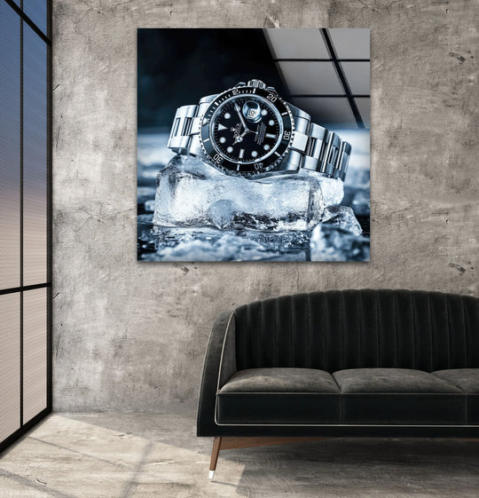 Realistic detail of a luxurious Rolex watch resting on sculpted ice, a striking piece of home decoration for any collector.