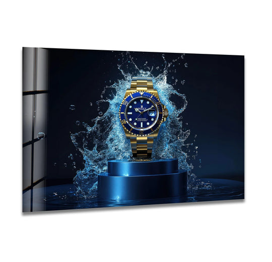 A gleaming gold Rolex watch is captured mid-splash on a blue pedestal, a stunning piece of glass wall artwork.