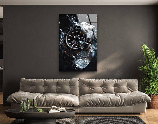 Dramatic light and shadow highlight a Rolex watch submerged in water, a striking piece of print wall art.